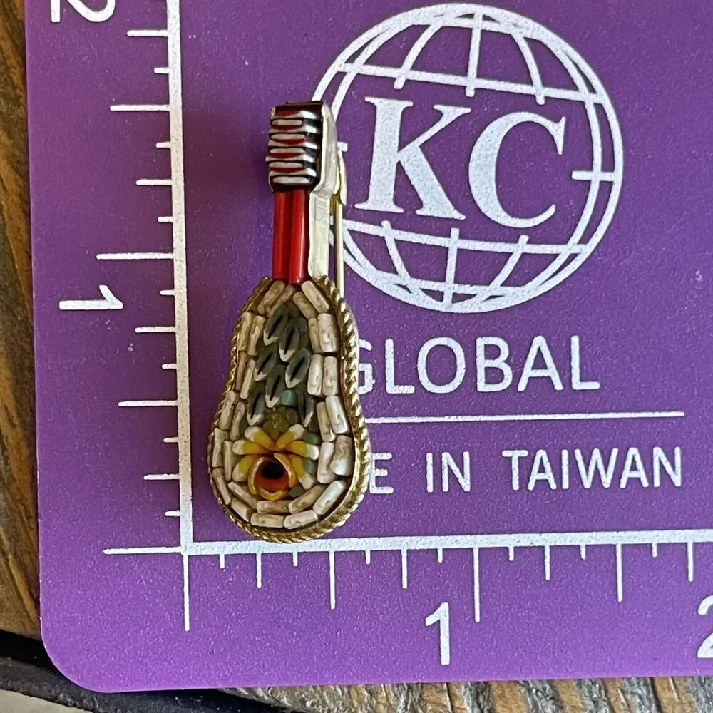 Vintage Italian Micro Mosaic Mandolin Guitar Brooch Signed Italy Flower Design
